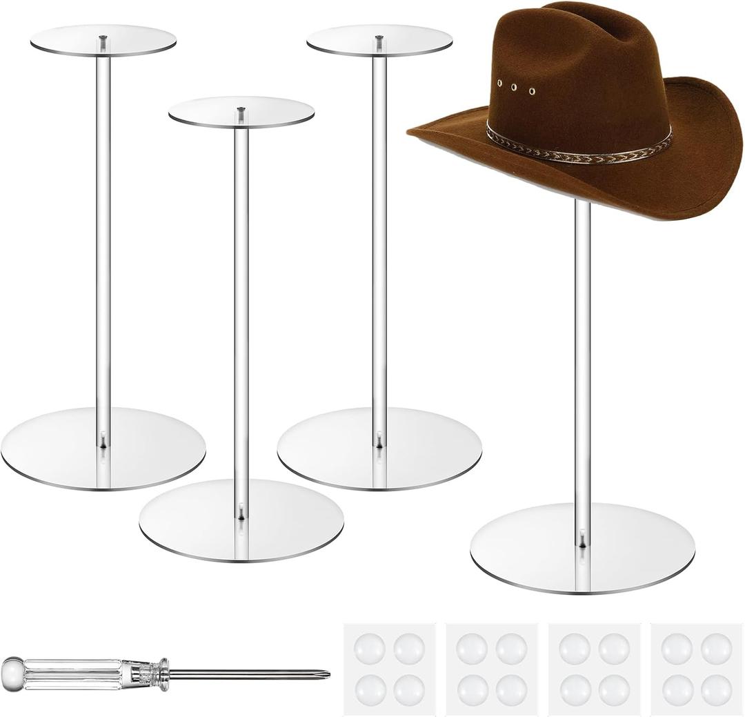 4 Sets Acrylic Hat Stand Holder Wig Display Clear Wig Display Rack, 17" Clear Hat Stands for Display Baseball Hat Rack Stand Round Acrylic Risers Stand for Display Jewelry Watch Helmets