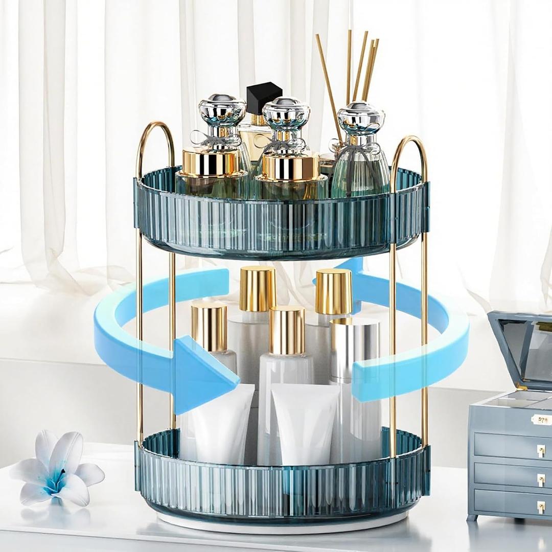 360 Rotating Makeup Organizer, Bathroom Organizers and Storage Holder Rack, Large Capacity Vanity Shelf Countertop, Fits Cosmetics, Perfume, Skin Care(Blue, 2 Tiers)