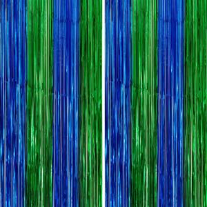 2 Pack 3.3x6.6ft Blue Green Metallic Tinsel Foil Fringe Backdrop Door Streamers Birthday Soccer Halloween Bachelorette Graduation Video Game Baby Shower Dinosaur Football Birthday Party Decoration