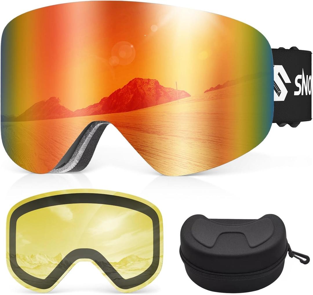 Ski Goggles, Snowboard Goggles with 2 UV400 Anti-Fog Detachable Magnet Lenses for Men & Women Adult (Ver.1 Red(vlt 14.83%) + Yellow(vlt 83%))