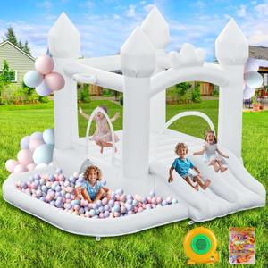 White Bounce House, Inflatable Bounce Castle with Double Slide Ball Pit 370W Blower Bouncer for Toddler, Bounce House Bouncy Castle for Indoor Outdoor Backyard Wedding Kids Birthday Party