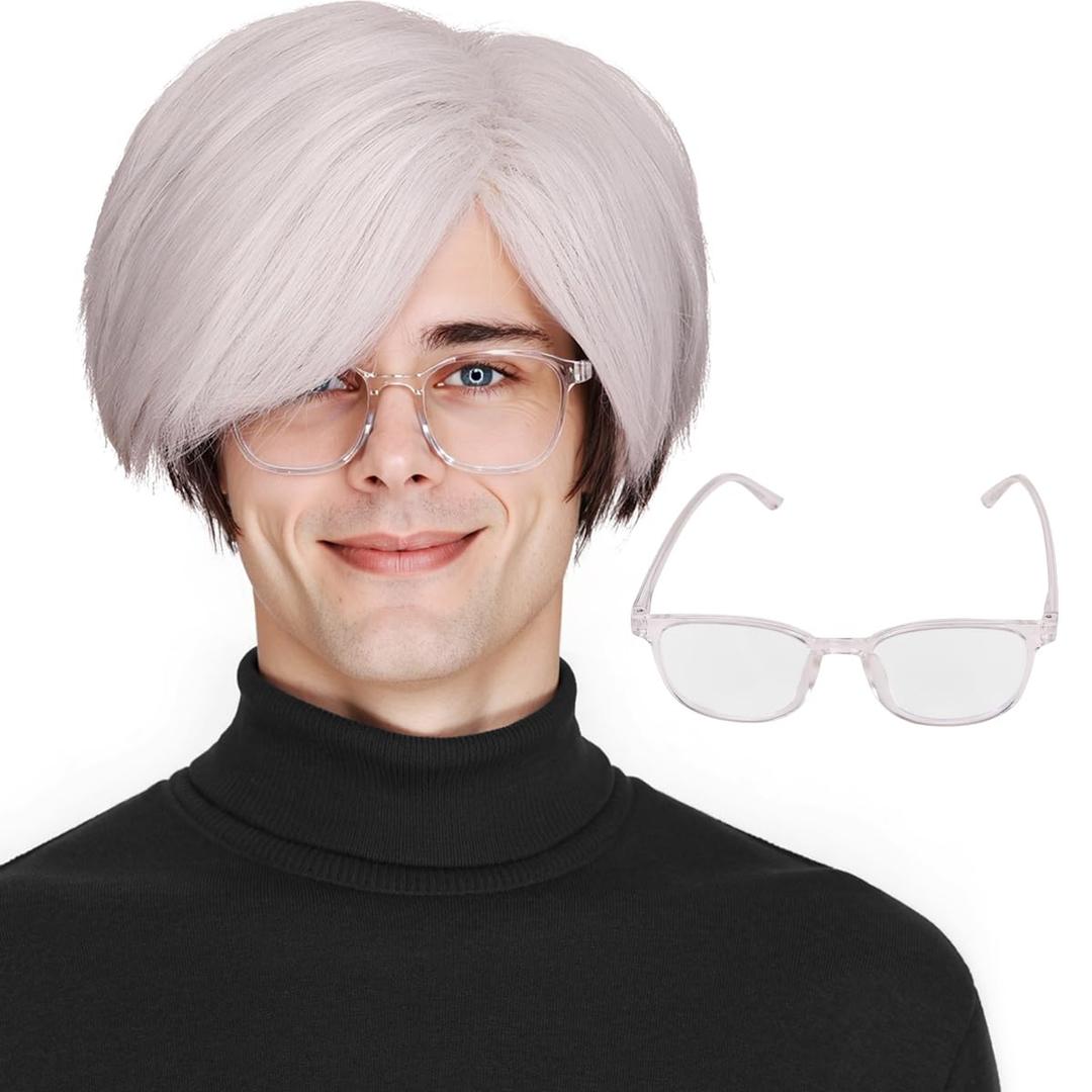 FantaLook Short Silver Cosplay Wig with Glass for Halloween