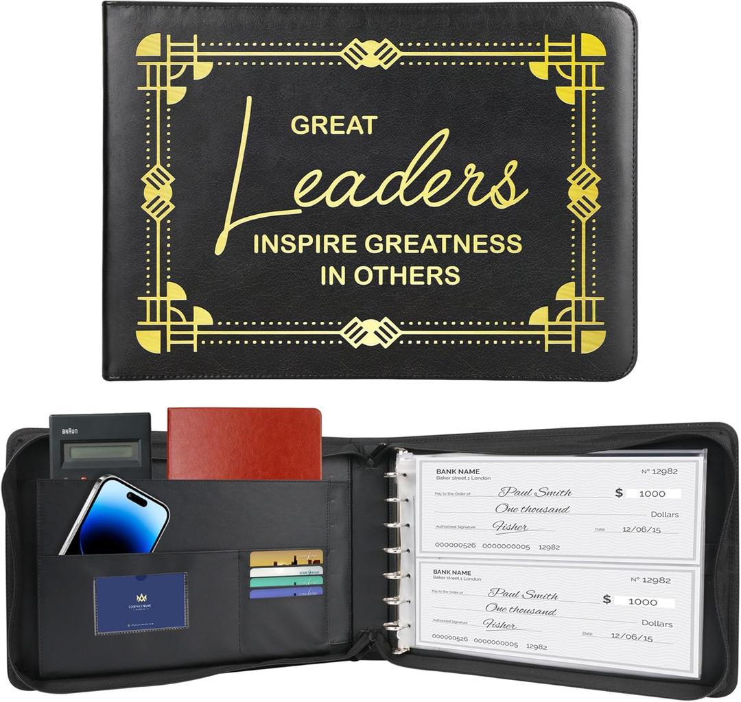 7 Ring Zippered Business Checkbook Binder, Premium PU Leather Check Book Cover with 600 Check Capacity, 2 Loose-Leaf Binder Pockets, Document Card Organizer Portfolio Holder for 9x13 Inch Sheets (Black-great Leader)
