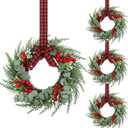 4 Pcs 8" Mini Christmas Wreaths for Kitchen Cabinet Small Christmas Candle Rings Wreaths, Front Door Pillars/Home Table Centerpieces Hanging Garlands, for Windows/Wedding Decor (No Red Ribbon)