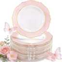 WDF 60pcs Pink Plastic Plates - 10.25inch Baroque Pink And Gold Disposable Dinner Plates for Upscale Parties -Special for Mother's Day/Baby Shower/Birthday/Spring