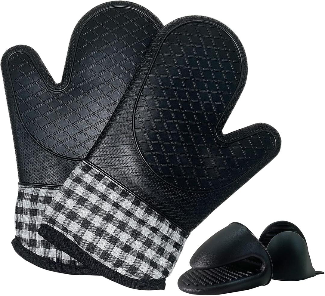 4pcs Set Oven Gloves and Pot Holder Set, Heat-Resistant 500 Degree, with Mini Oven Gloves and Insulation Clips, Non-Slip Food-Grade Long Oven Gloves, for Kitchen Baking