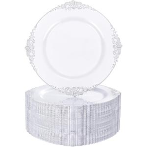 Nervure 100Pcs White and Silver Plastic Plates - 7.5 inch White Plastic Plates with Silver Rim - Disposable Dessert Plate for Wedding & Party