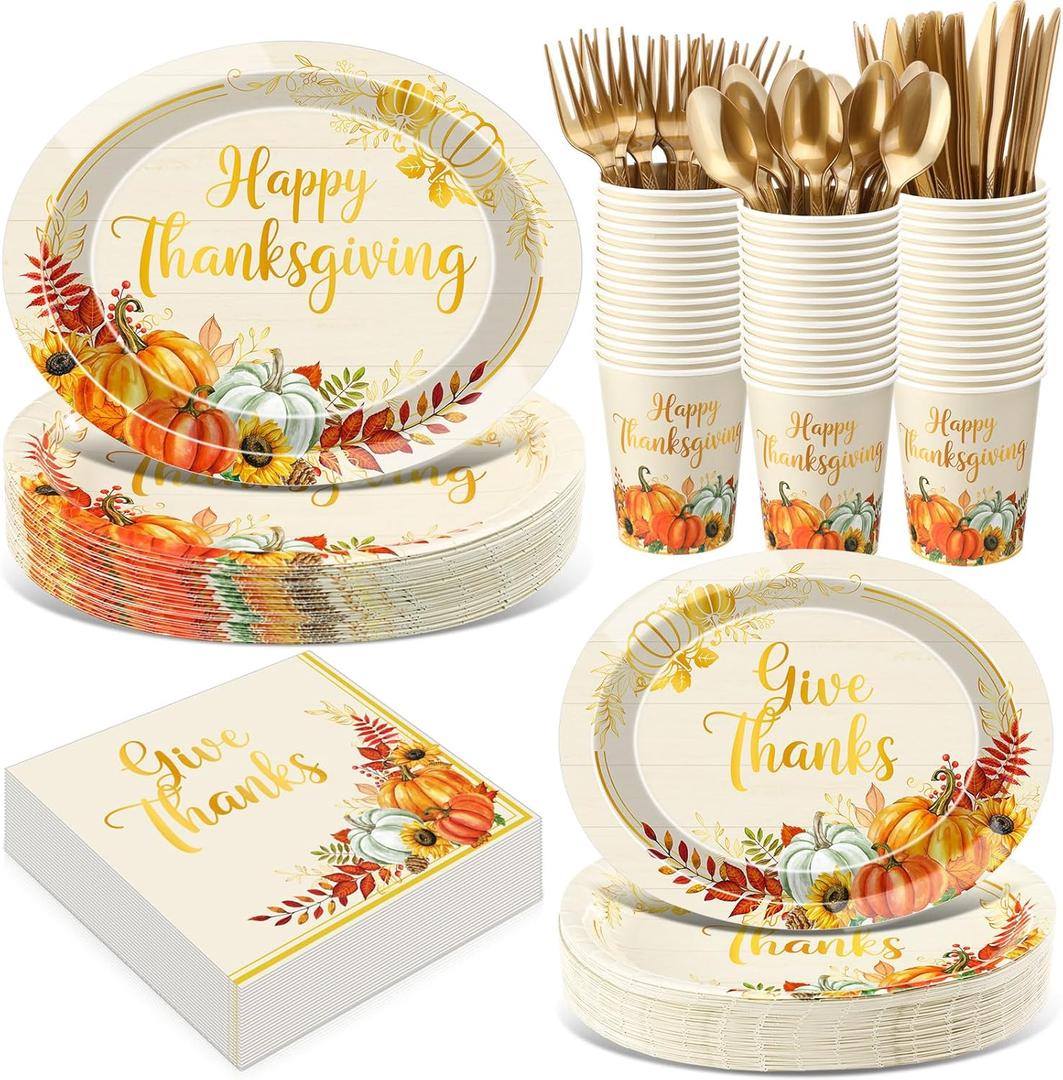 Pajean 350 Pcs Thanksgiving Oval Paper Plates Set with 12 inch Disposable Pumpkin Oval Plates Fall Harvest Heavy Duty Paper Dinnerware Set for 50 Guests Thanksgiving Fall Party Supplies(Gold)