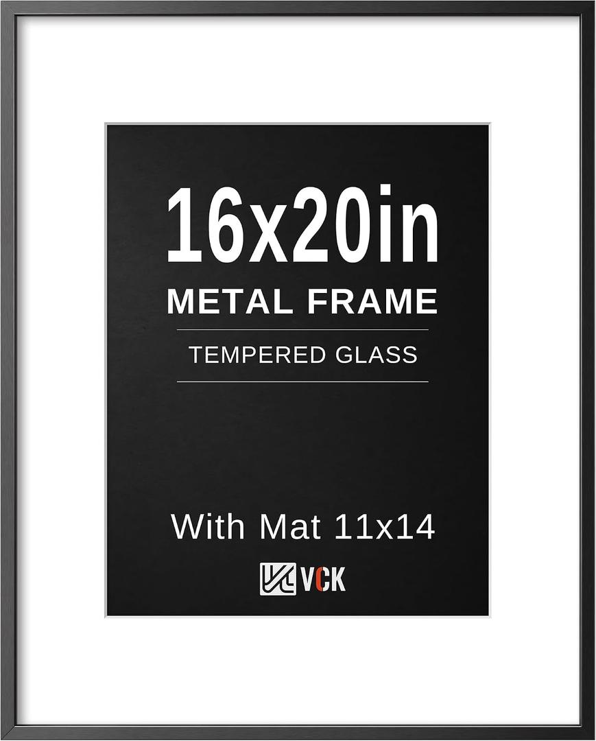VCK 16x20 Picture Frames Black Metal, Real Glass, 11x14 Mat, for Poster