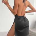 JOTWIS Women's Sexy Backless V Neck Mini Dress High Slit Club Night Out Party Cocktail Dresses (Black, S)