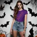 Halloween Shirts for Women Halloween Bats T-Shirt Haunted-Themed Front and Back Printing Tee Tops (Purple, L)