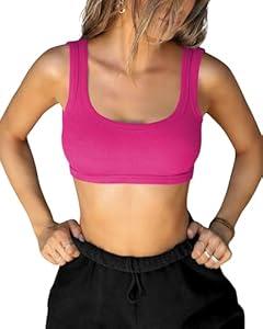 XUNYU Square Neck Tank Top for Women Ribbed Padded Crop Top with Built in Bra U Back Sexy Going Out Tops Basic Casual Summer Hot Pink, L