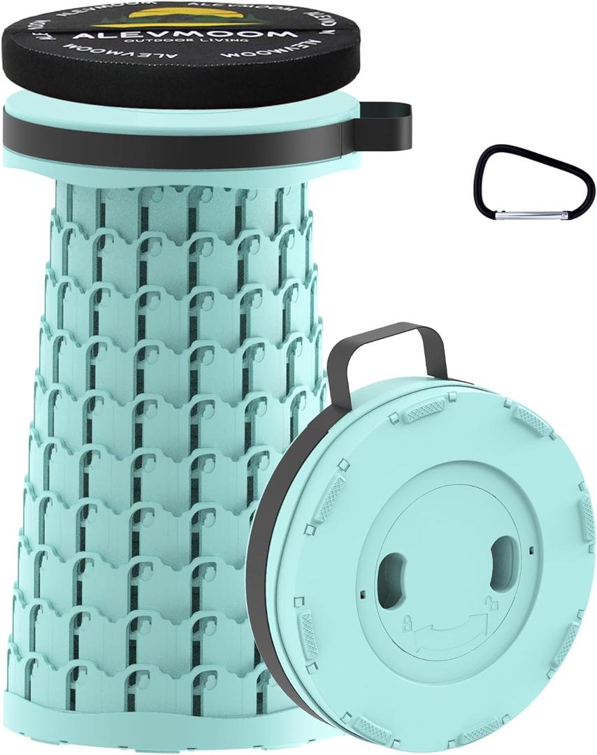 ALEVMOOM Upgraded Portable Collapsible Stool with Cushion, Telescoping Folding Stool for Adults, Lightweight Yet More Sturdy Capacity 600 lbs for Camping Fishing Hiking BBQ (10.2x10.2x18.1", Lake Green)