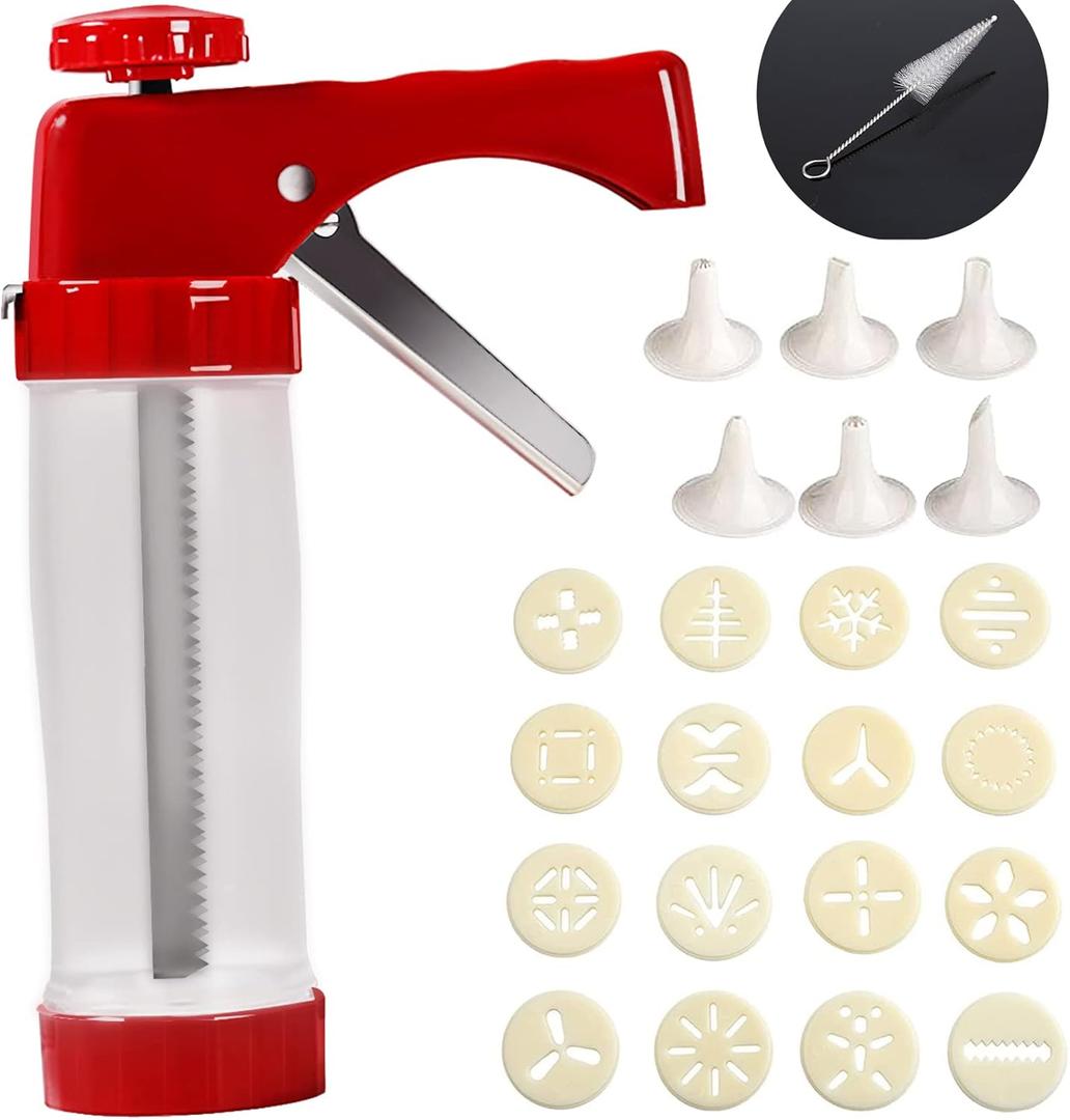 Cookie Press for Baking, Spritz Cookie Press, Thicken Cookies Press Kit with 16 Discs and 6 Decorating Tips, Suitable for DIY Cookies Maker and Cake Icing (Red)