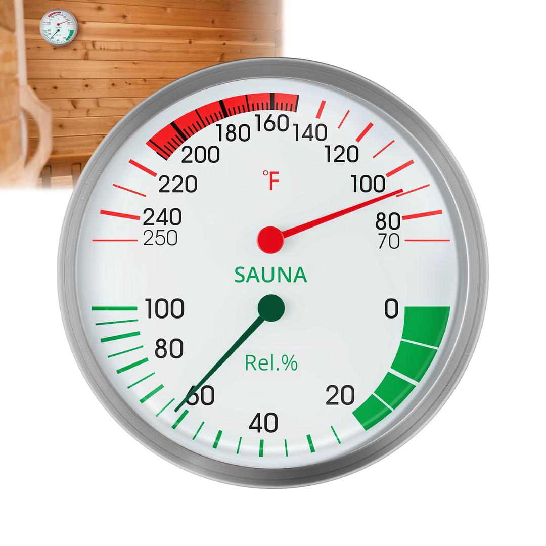 Stainless Steel Sauna Hygrometer Thermometer with Color-Coded Dial 5" Large Display,70-250F, 0-100%,Heat-Resistant,Easy to Read Humidity Temperature Gauge for Home Spa, Steam Rooms