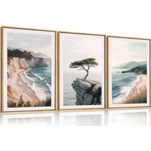 Amalfi Coastal Beach Framed Canvas Wall Art Set, Summer Ocean Wall Decor, Southwestern Beach Wall Painting, Ocean Seascape Art Prints for Living Room, Bedroom, Dining Room-24"x36"x3
