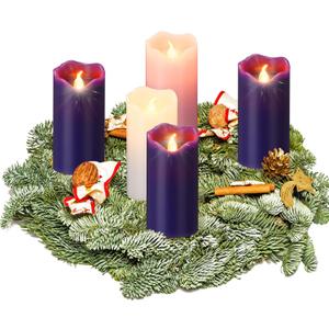 Cindeer 2 x 4 Inch Flameless Advent Candles Set of 5 LED Advent Pillar Wreath Candles Battery Operated Purple Pink Flameless Votive for Seasonal Celebration Rituals Festival Church Decoration