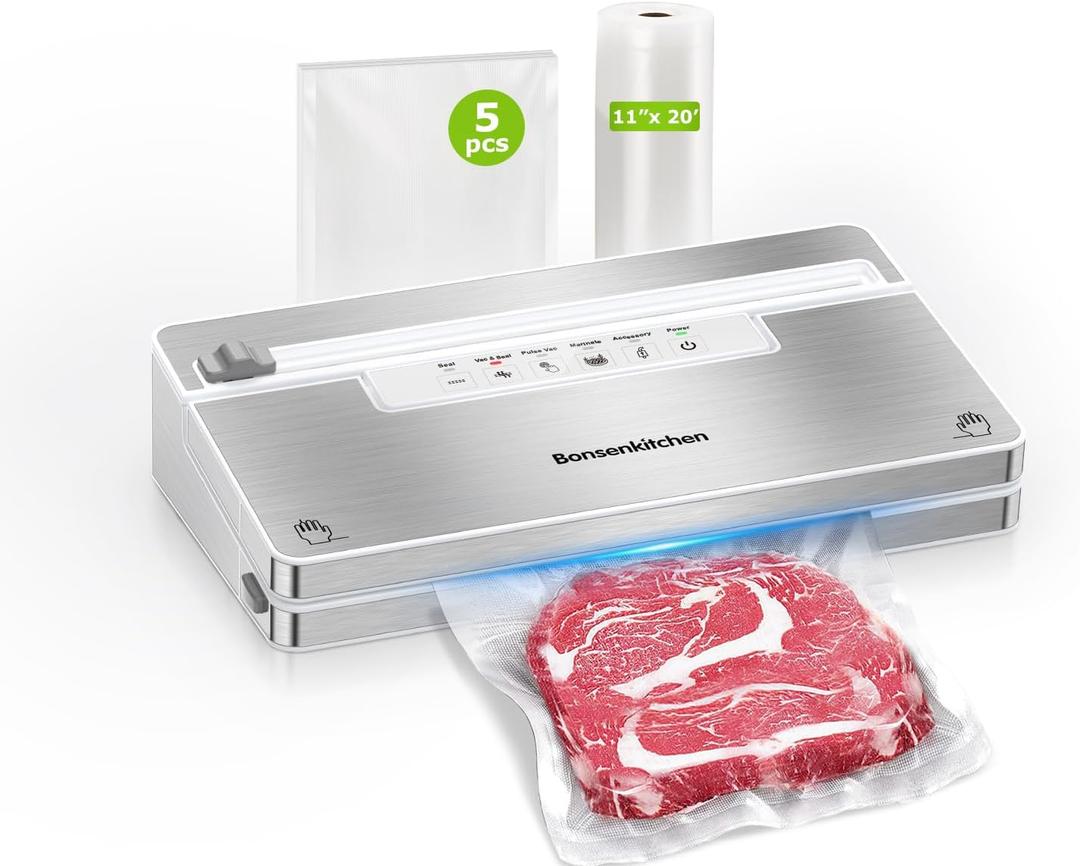 Bonsenkitchen Vacuum Sealer Machine, Stainless Steel Food Sealer Vacuum Sealers with 1 Roll & 5 Bags, 5 Food Vacuum Modes, Built-in Cutter & Bag Storage (White Silver)