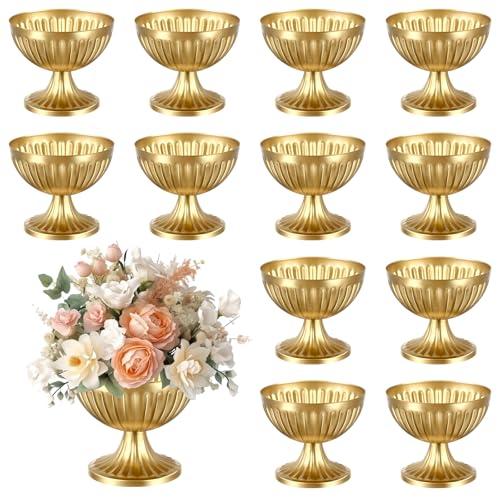 Ziliny 12 Pcs Gold Vases for Centerpieces 4.7" Wide 4" High Metal Compote Vases Bulk Wedding Table Centerpiece Flower Pot Vintage Floral Arrangements for Weddings Anniversaries Party Home Decor