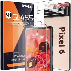 letosan 3 Pack for Google Pixel 6 Screen Protector Tempered Glass + 3 Pack Camera Lens Protector, Military Grade Shatterproof, 9H Hardness, Fingerprint Unlock,Case Friendly 6.4 Inch