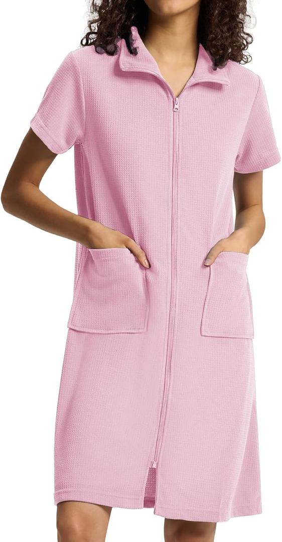 SIORO Zipper Robes for Women Short Sleeve Bathrobes Lightweight House Coat Waffle Knit Knee Length Loungewear with Pockets (Pink, S)
