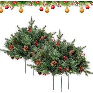 Pre-Lit Artificial Christmas Tree Urn Filler, Lighted Holiday Planter Filler with LED Lights, Tripod Stake, with Cones & Red Berries, Christmas Porch Decorations for Home, Porch & Yard (2PCS-D)