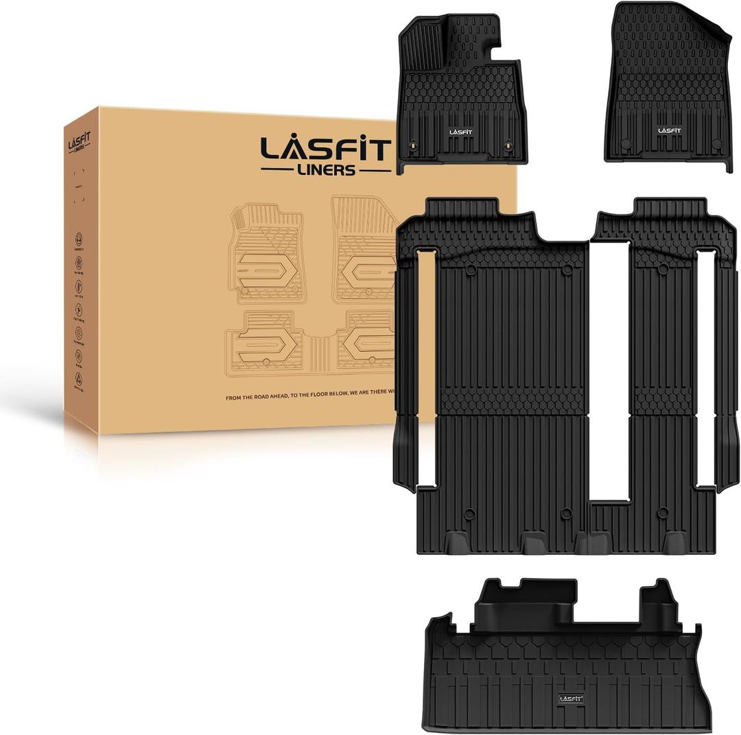 LASFIT Floor Mats & Trunk Mat for Toyota Sienna 8 Seats 2021-2024 2025 All Weather TPE Custom Fit Floor Liner for Sienna LE/XLE 8 Passenger (with Spare tire) Front & Rear Car Mat Black