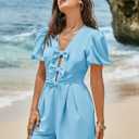 Cicy Bell Womens Cute Rompers Bow Front Puff Sleeve V Neck Short Jumpsuits Sexy Summer Outfits with Pockets (Blue, M)