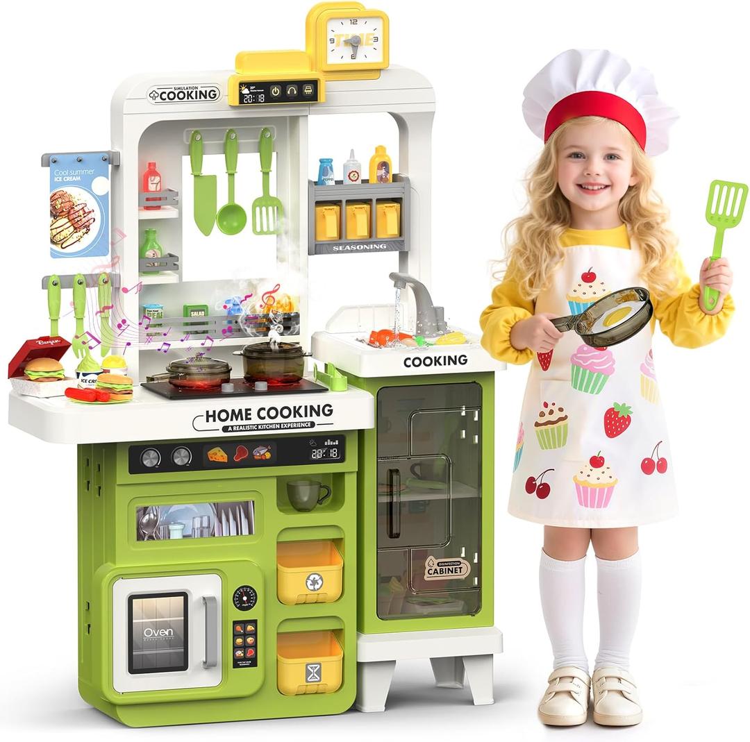 Kids Kitchen Playset, 68 PCS Toddler Kitchen Playset for Toddlers 1-3 3-5, 32.2IN Play Kitchen with Spraying, Light & Sound, Cooking Stove, Play Sink, Oven and Toy Kitchen Accessories (Green)