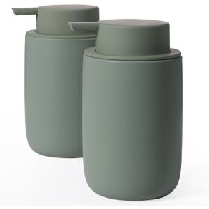 INGOFIN Ceramic Lotion Soap Dispenser Set, 2 Pack (12 oz) Bathroom Hand Soap Dispenser with Pump, Liquid Hand and Dish Soap Dispenser Set, 8 Pcs Clear Stickers, for Kitchen Bathroom-Matte Green