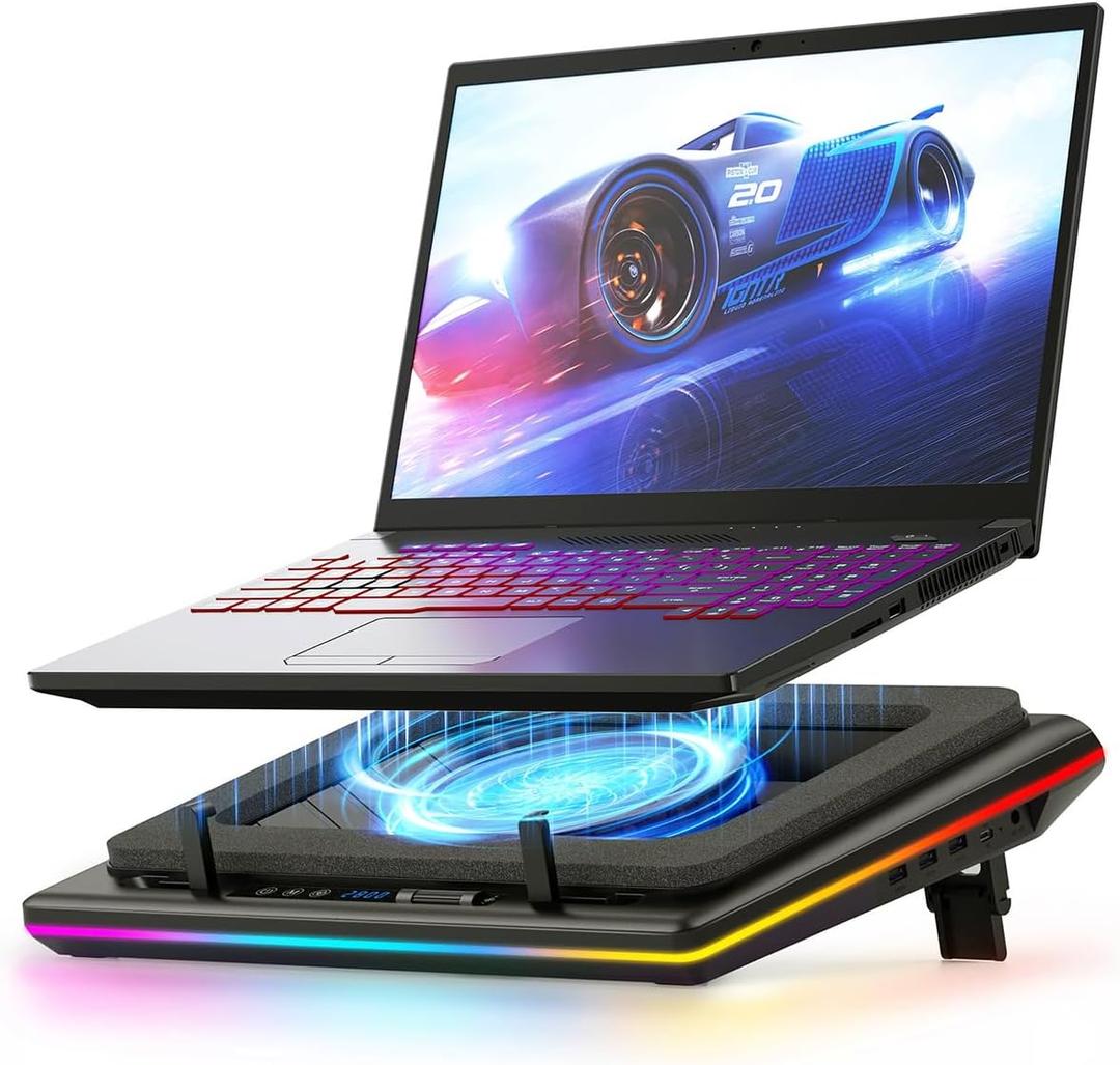 llano V12 Gaming Laptop Cooling Pad, RGB Laptop Cooler, Laptop Cooling Fan Stand with 5.5 Inch Powerful Turbofan, for 15.6-19in Laptop, Adjustable Speed, Dustproof, 3-Port USB Hub, Black (RGB)