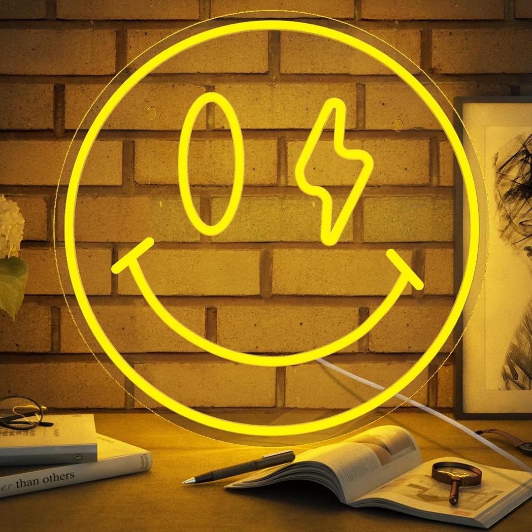 Smiley Face Neon Sign, LED Neon Light for Wall Decor, USB Powered Light Up Signs, Yellow Neon Smiley Face Sign for Kids, Bedroom, Party, Bar, Wedding Decoration Gifts, 13.8 inches