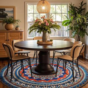 jinchan Mandala Round Rug 8ft Blue Rustic Boho Washable Rug Tribal 8' Round Vintage Peaceful Circle Rug Soft Non Slip Large Low-Profile Carpet for Dining Room Living Room Bedroom Patio, Saffron Blue