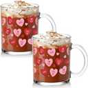 Willinglong 2 Pack Valentine Glass Cups Heart Coffee Mugs Valentines Gifts 12 oz Pink Red Heart Coffee Cup with Handle Bulk Sweet Drinking Mugs for Valentines Wedding Party Drinkware Love Gifts