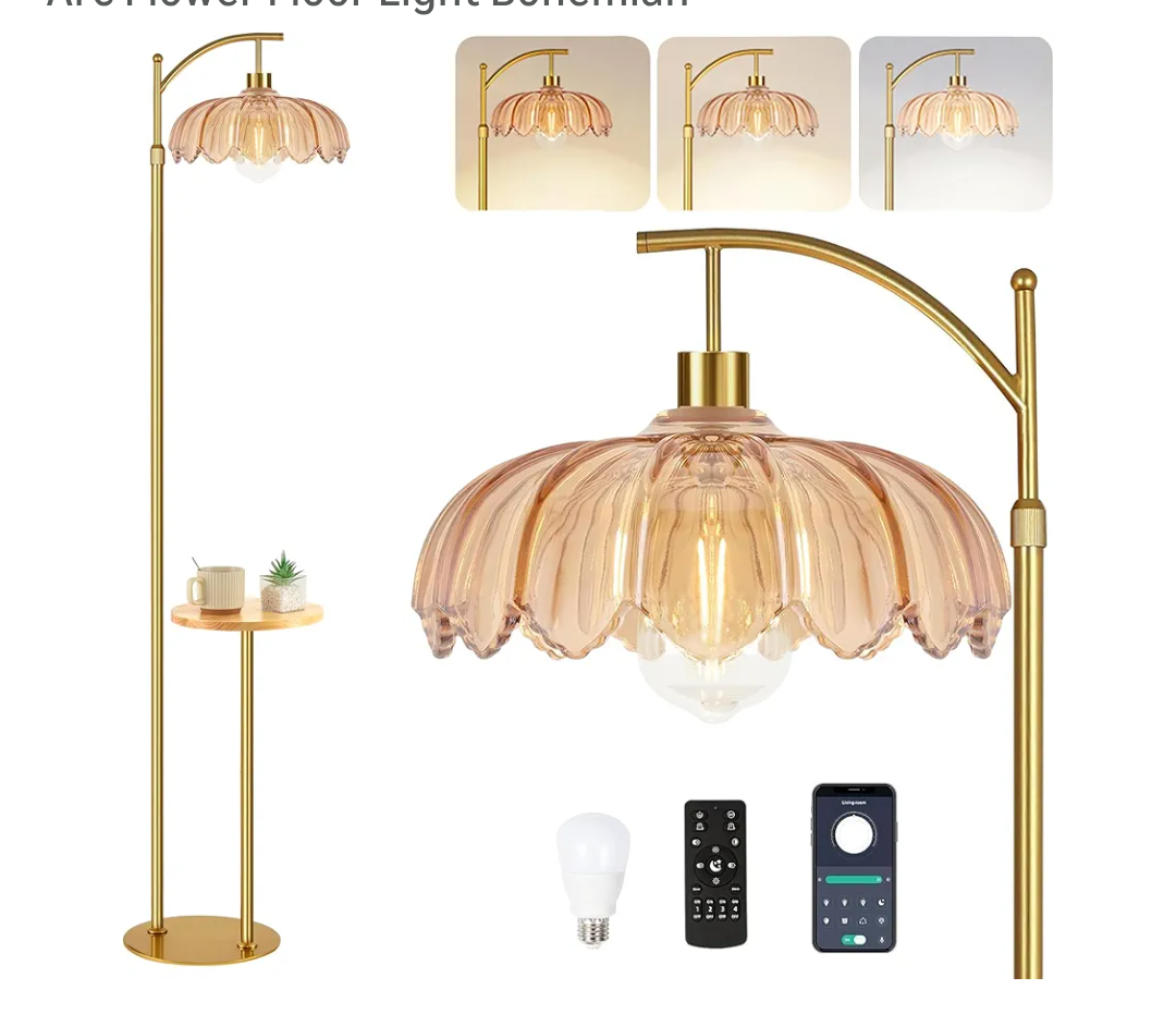 Gold Floor Lamp with Table and Shelves for Living Room Bedroom,Glass Standing Lamp with Remote Dimmable,Boho Brass Tall Lamp Vintage Farmhouse Arc Flower Floor Light Bohemian