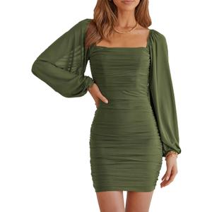 MASCOMODA Women Elegant Square Neck Lantern Long Sleeve Mini Ruched Bodycon Dress Stretch Mesh Slim Party Cocktail Dresses (Medium, Army Green)