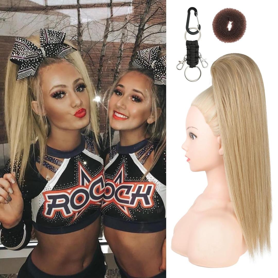 SEIKEA Cheer Ponytail Hair Piece, 16" Straight Cheerleader Hairpiece Ponytail Extension for Cheerleader Competition, Dance, Medium Blonde