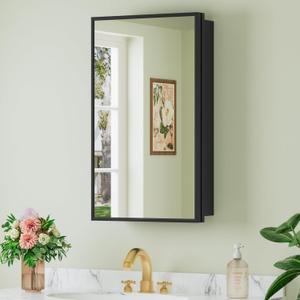 Buruis Framed Medicine Cabinet with Mirror, Recessed 13.35" x 22.83" or Wall Mounted 14"x 24" Bathroom Cabinet, Adjustable Tempered Glass Shelves, No Assembly Required, Black