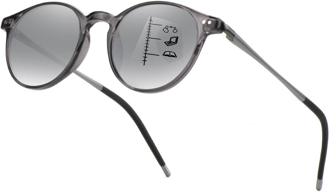 Exquisite Round Ultralight Progressive Multifocus Reading Sunglasses Women Men Durable Blue Light Blocking Anti EyeStrain Multifocal Sun Readers Spring HingeClear Top,Distance Range 20 ft2.0 Gray