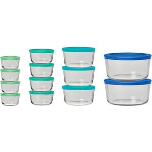 Anchor Hocking 26 Piece Glass Storage Containers with Lids (13 Glass Food Storage Containers & 13 Mixed Blue SnugFit Lids)