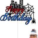 Cartoon Spider Birthday Cake Topper, Glitter Paper Cartoon Themed Happy Birthday Cupcake Topper Supplies Double-Sided Party Decoration for Boy & Girl