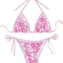 WDIRARA Women's 2 Piece Boho Swimsuits Floral Print Halter String Triangle Bikini Set Beach Bathing Suit (Pink) XXS