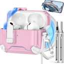 Pohgelan Compatible with AirPods Pro 2nd/1st Case,Magnetic Automatic Lock with Phone Stand & Cleaning Kit,Compatible with Magsafe Cover -White-Pink