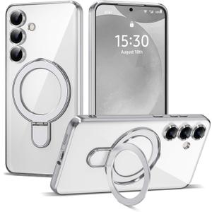 Compatible with Samsung Galaxy S24 Case with Magnetic Ring Stand [Compatible with Mag-Safe] [Full Camera Lens Protector] Plating Clear Phone Case for Samsung Galaxy S24 6.2", Silver