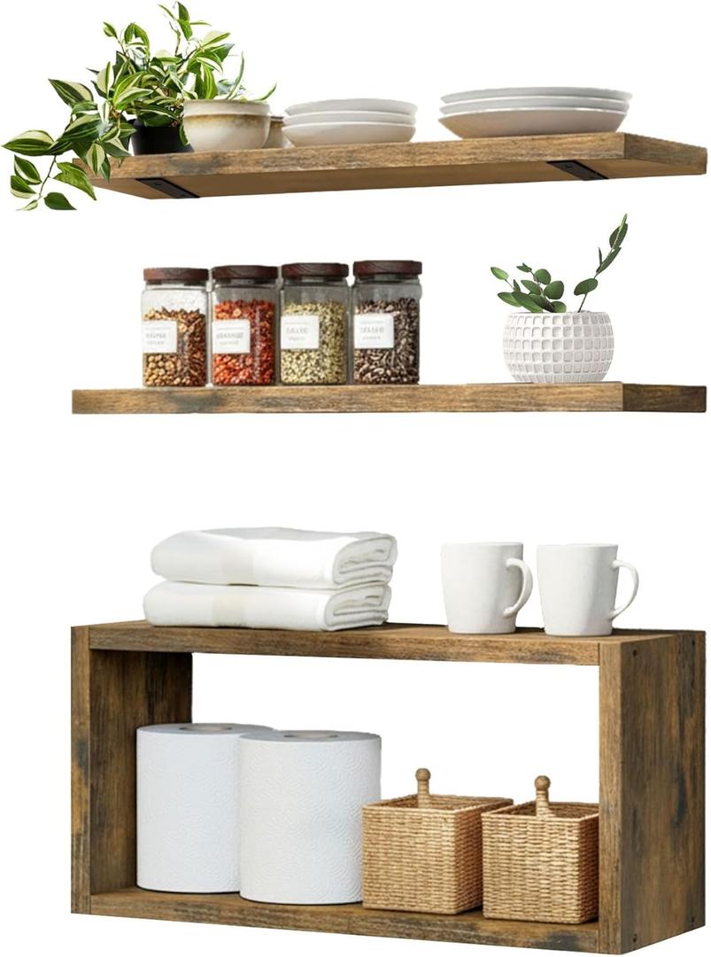 Wall Mounted Floating Shelf, c Long for Bedroom Living Room Kitchen Staircase Bathroom Above Toilet Wall Decoration Book Storage Room Recoration (3piece Set) Brown