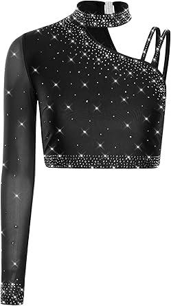 FEESHOW Women's Shiny Rhinestone Lyrical Dance Crop Tops Ballet Tops Latin Rumba Samba Ballroom Dance Costume Size L