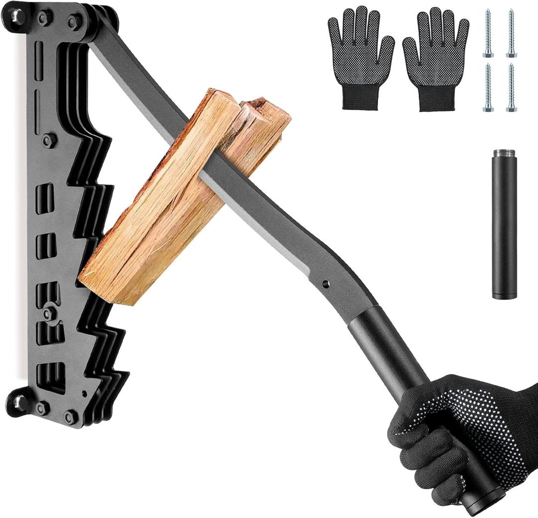 Wall Mounted Kindling Splitter, 2025 New Designed Kindling Splitter for Wood Outdoor Indoor, Manual Log Splitter Hand Firewood Splitter with Extended Handle (Black-With Gloves)