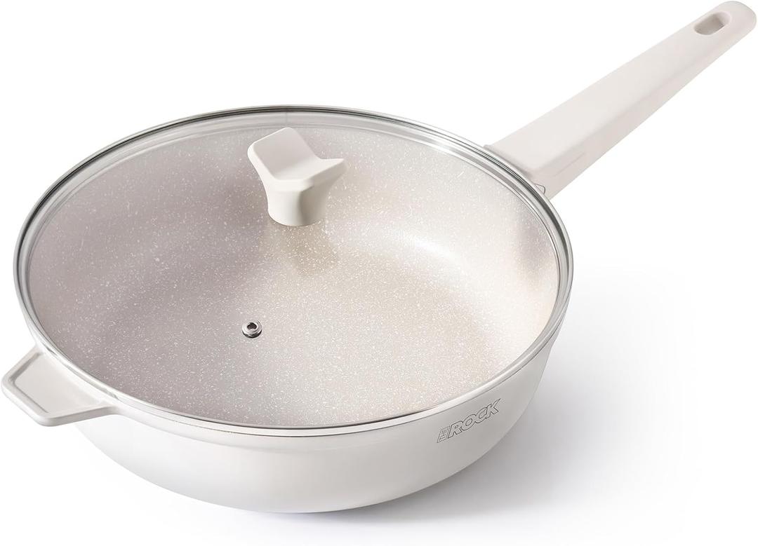 THE ROCK SOHO 4 Qt Nonstick Deep Frying Pan Skillet with Glass Lid, 11 Inch Large Deep Frying Pan, Ceramic Non Toxic Skillet with Heat-Resistant Handle, PFOA & PFAS Free, Oven & Dishwasher Safe, Cream