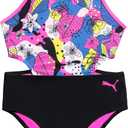 PUMA Girls' One Piece Bathing Suit, Athletic Swimsuit, Quick Dry, Day Dream (Pink, S)