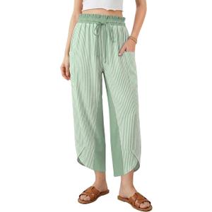 TARSE Womens Linen Palazzo Pants Striped Wide Leg Casual Capri Pant Drawstring Summer Harem Pants with Pockets (M)